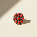 Coral flower statement ring with silver-tone scalloped setting and red teardrop stones