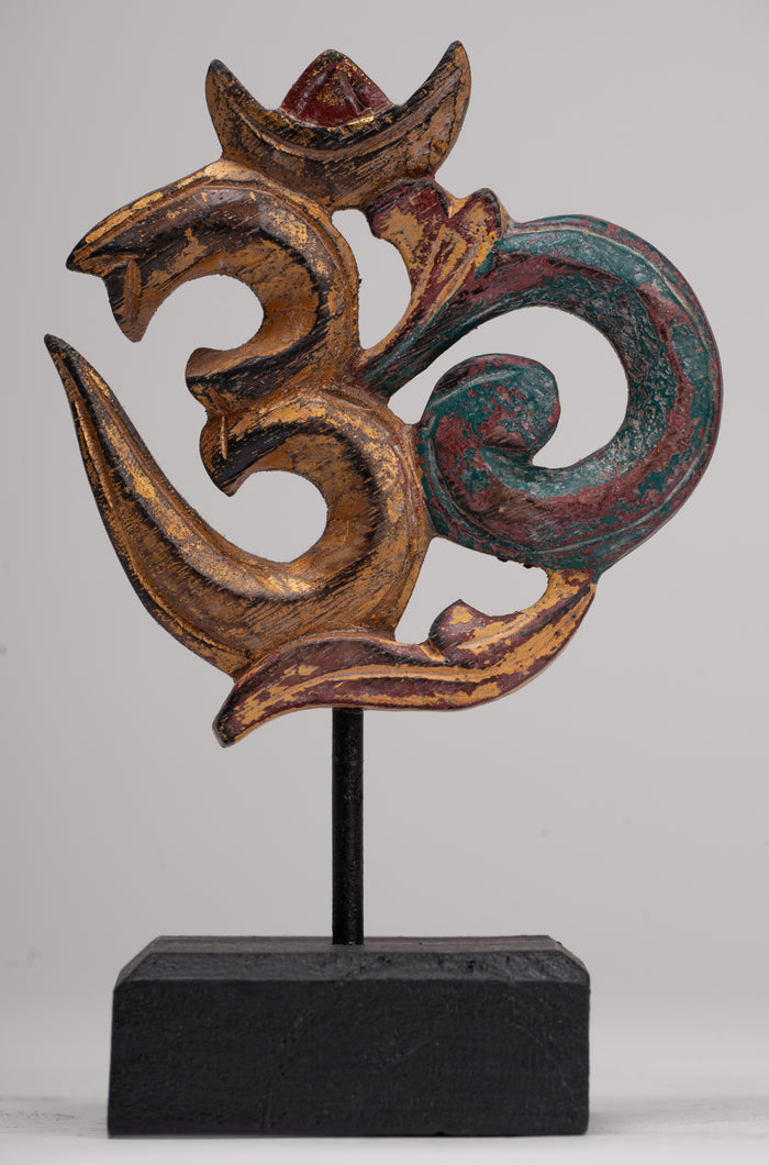 Om Statue - Mounted Indonesian Wood Om Statue - 16cm(6")