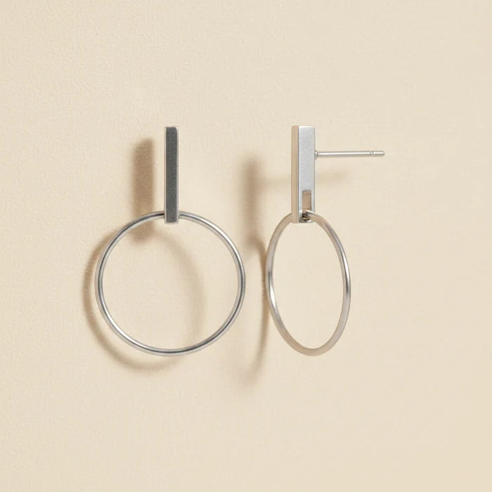 Silver-tone open circle bar stud earrings with hoop ring design