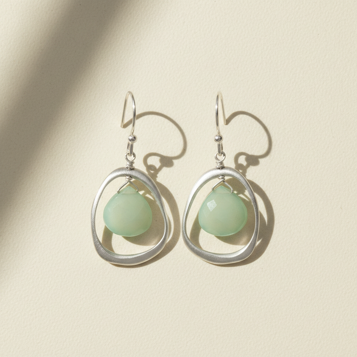 Open Circles chalcedony earrings with mint teardrop stones and open silver circles
