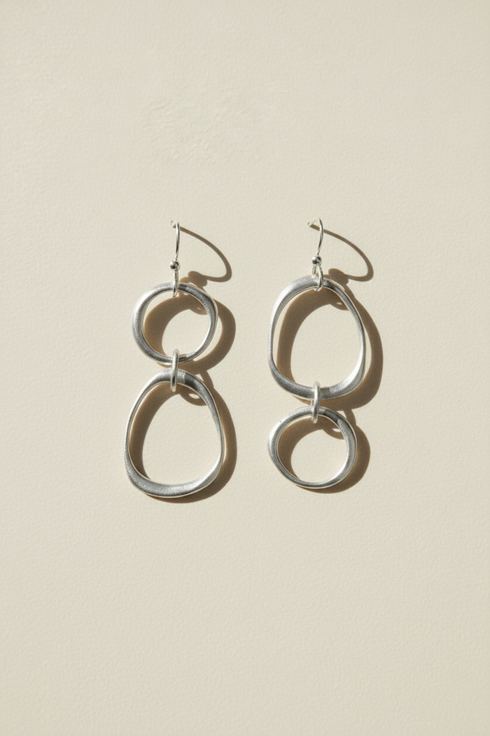 Silver double-circle drop earrings with hook backs