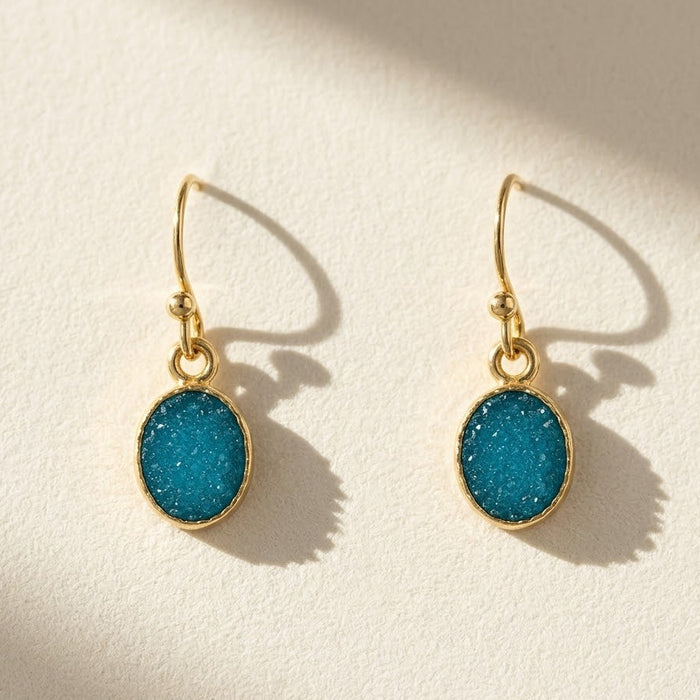 Oval aqua druzy drop earrings with gold-tone hooks and small round rings