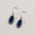 Oval blue druzy earrings with rope-textured silver frame and French hooks
