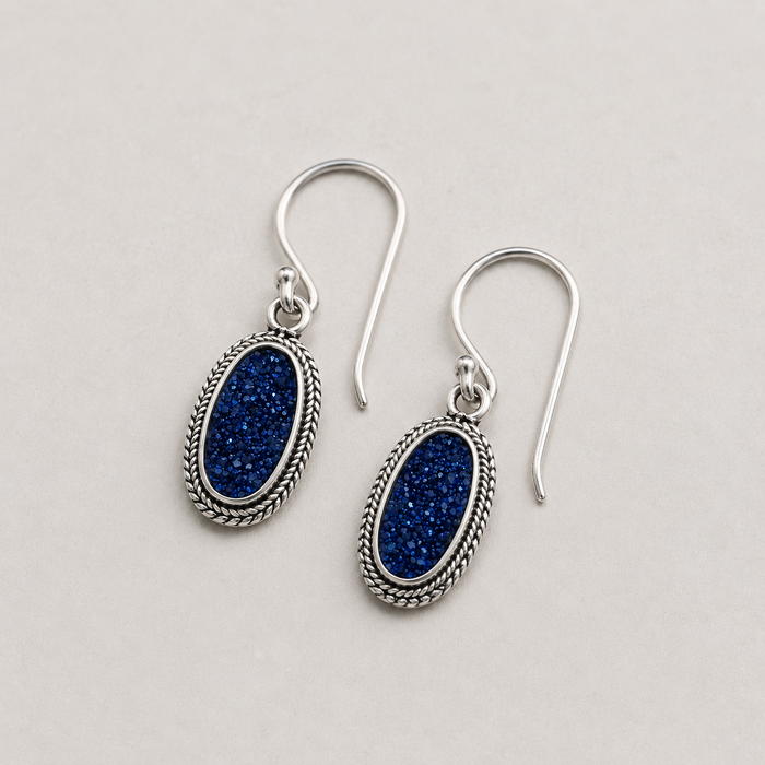 Oval blue druzy earrings with rope-textured silver frame and French hooks