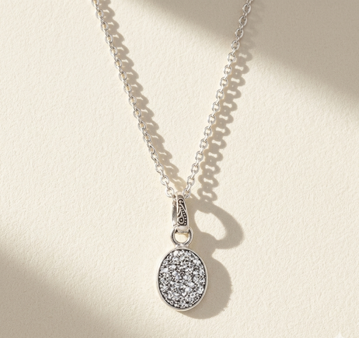 Oval druzy pendant necklace with oval silver-toned druzy cabochon and loop bail