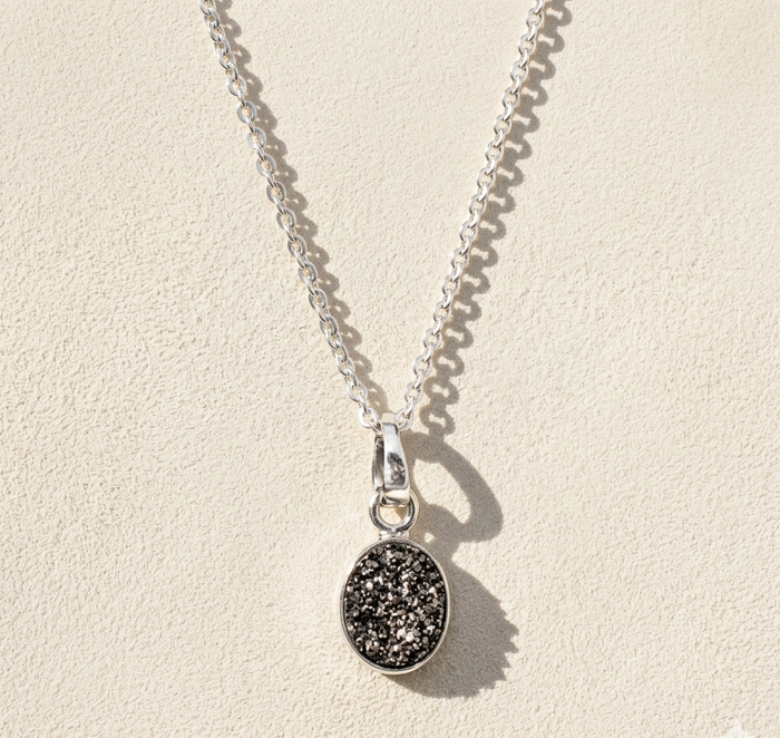 Oval druzy pendant necklace with oval black druzy cabochon and loop bail