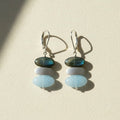 Oval gemstone drop earrings with silver-tone hooks and two stacked oval blue-green stones