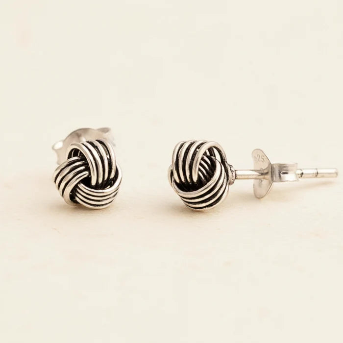 Silver oxidized knot stud earrings with twisted rope-like loop design