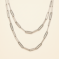 Layered paperclip-link chain necklace with curved bar links, silver-tone.