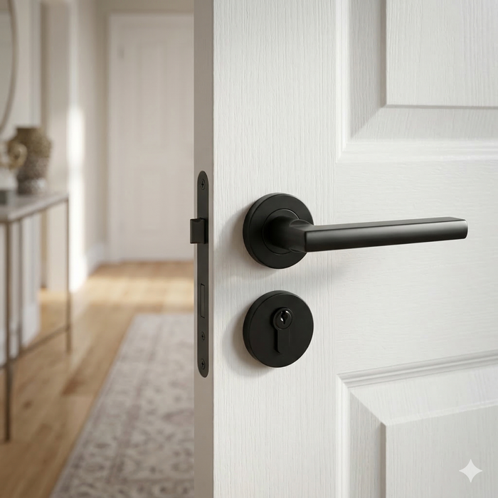 Matt black Pello lever handle on round rose, fitted to a white timber door ajar