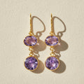 Gold-tone bezel double-drop earrings with two round purple amethyst stones
