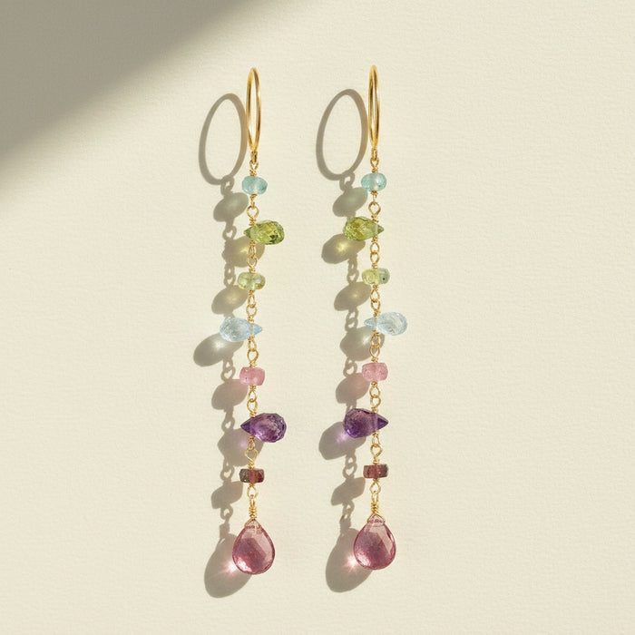 Gold-tone wildflower dangle earrings with multi-color bead and teardrop charms