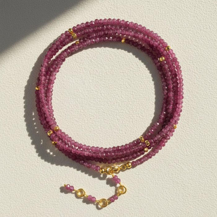 Pink tourmaline beaded wrap bracelet necklace with gold clasp