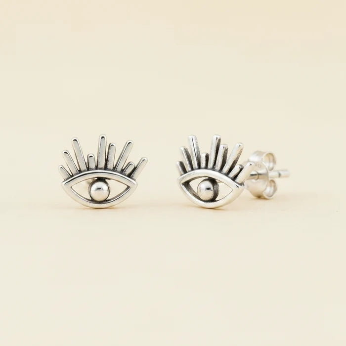 Evil eye protection stud earrings, silver-tone with round center