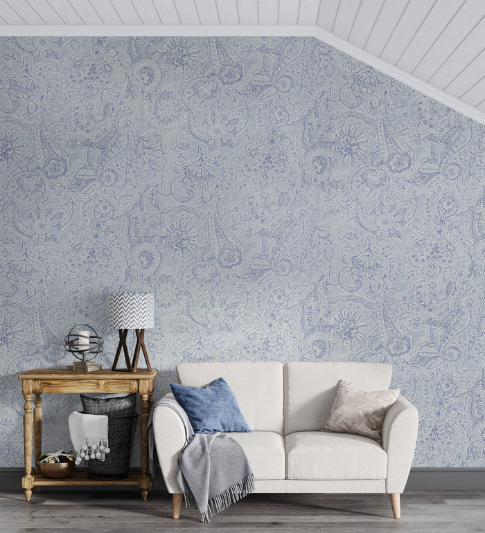 Raval Faded Blue Sketched  Floral Design Wallpaper 341525