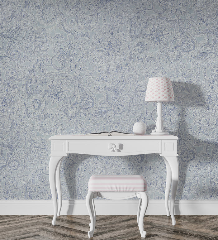Raval Faded Blue Sketched  Floral Design Wallpaper 341525