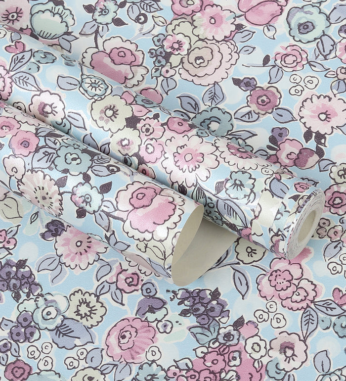 Raval Light Red, Light Yellow &Sky Blue Floral Design Wallpaper 341533