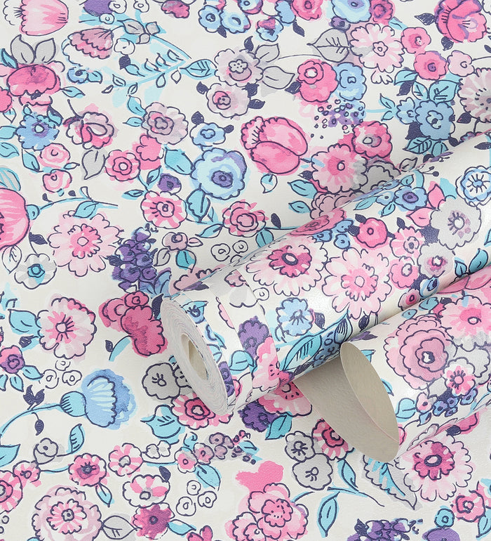 Raval Sky Blue, Pink & White Floral Design  Wallpaper 341532