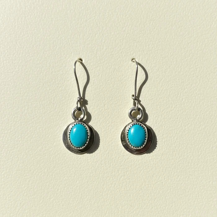 Turquoise oval earrings in round dark metal frames with dangling fishhook hooks