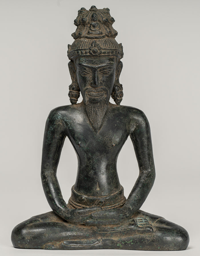 Rishi Statue - Antique Khmer Style Seated Bronze Rishi or Wise Man - 17cm/7"