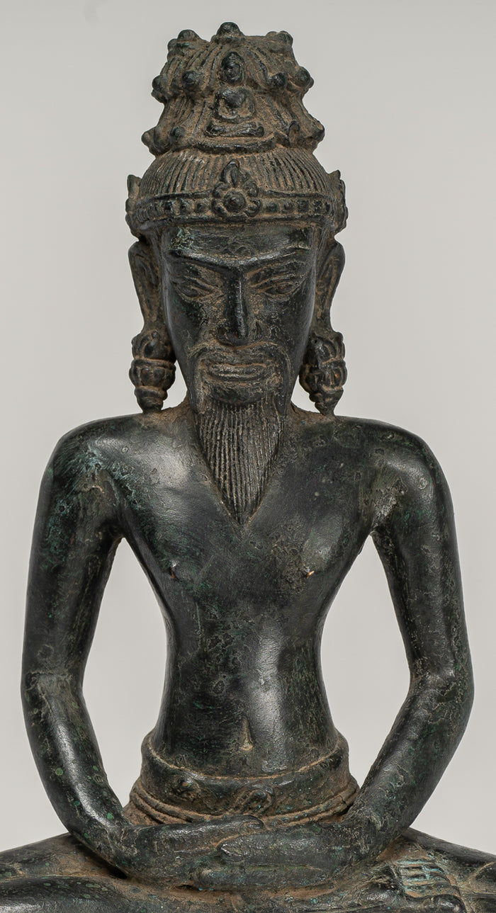 Rishi Statue - Antique Khmer Style Seated Bronze Rishi or Wise Man - 17cm/7"