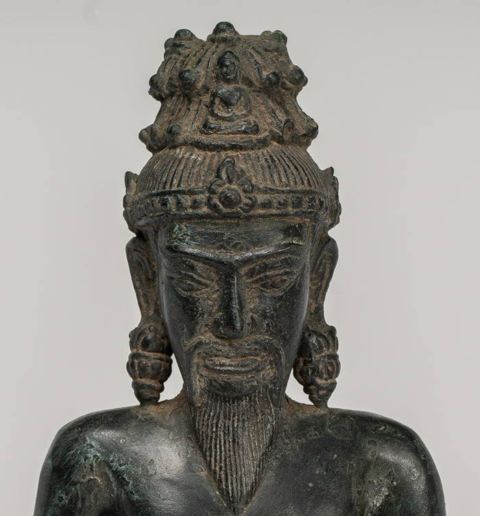 Rishi Statue - Antique Khmer Style Seated Bronze Rishi or Wise Man - 17cm/7"