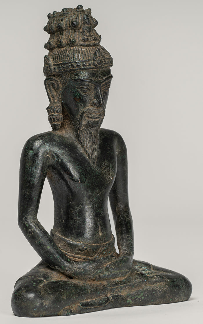 Rishi Statue - Antique Khmer Style Seated Bronze Rishi or Wise Man - 17cm/7"