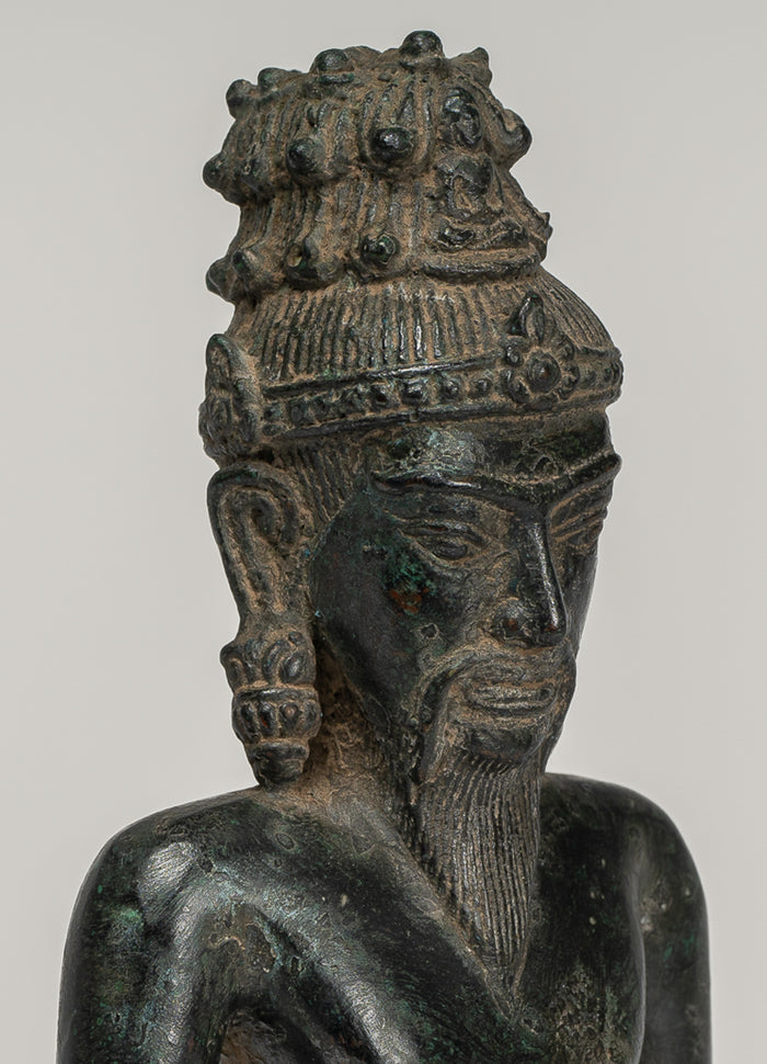 Rishi Statue - Antique Khmer Style Seated Bronze Rishi or Wise Man - 17cm/7"