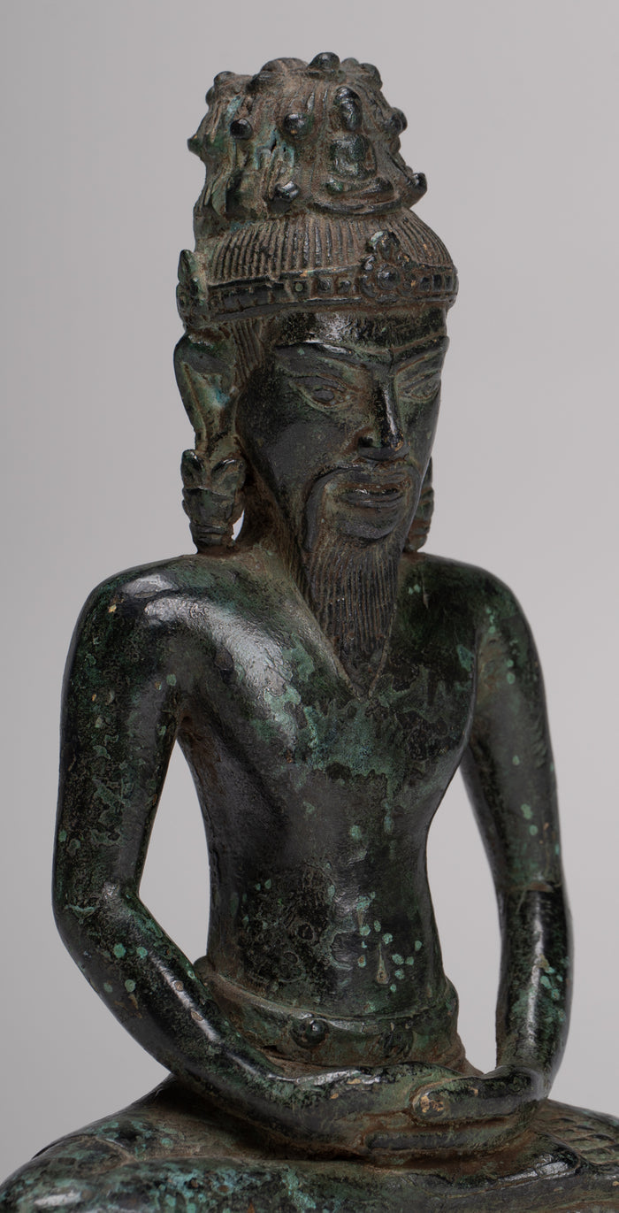 Rishi Statue - Antique Khmer Style Seated Bronze Rishi or Wise Man - 18cm/7"