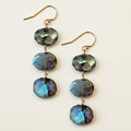 Gold-tone hook earrings with three stacked faceted labradorite discs, blue-green flash