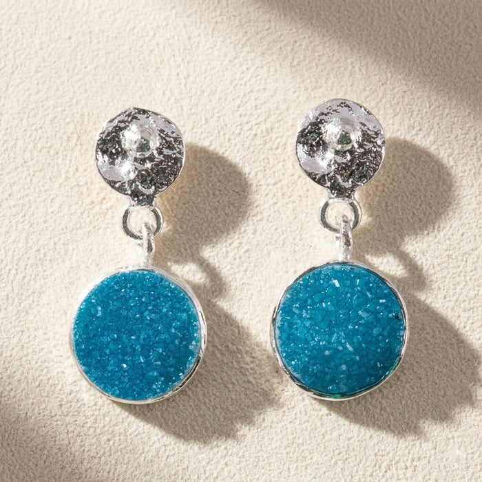 Silver-tone hammered round druzy top with aqua druzy circle drop post earrings