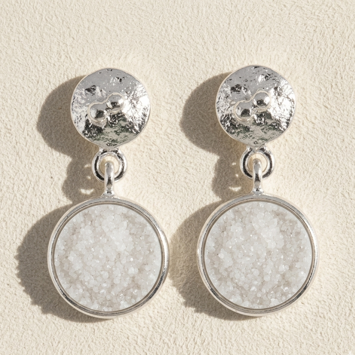 Silver-tone hammered round druzy top with white druzy circle drop post earrings