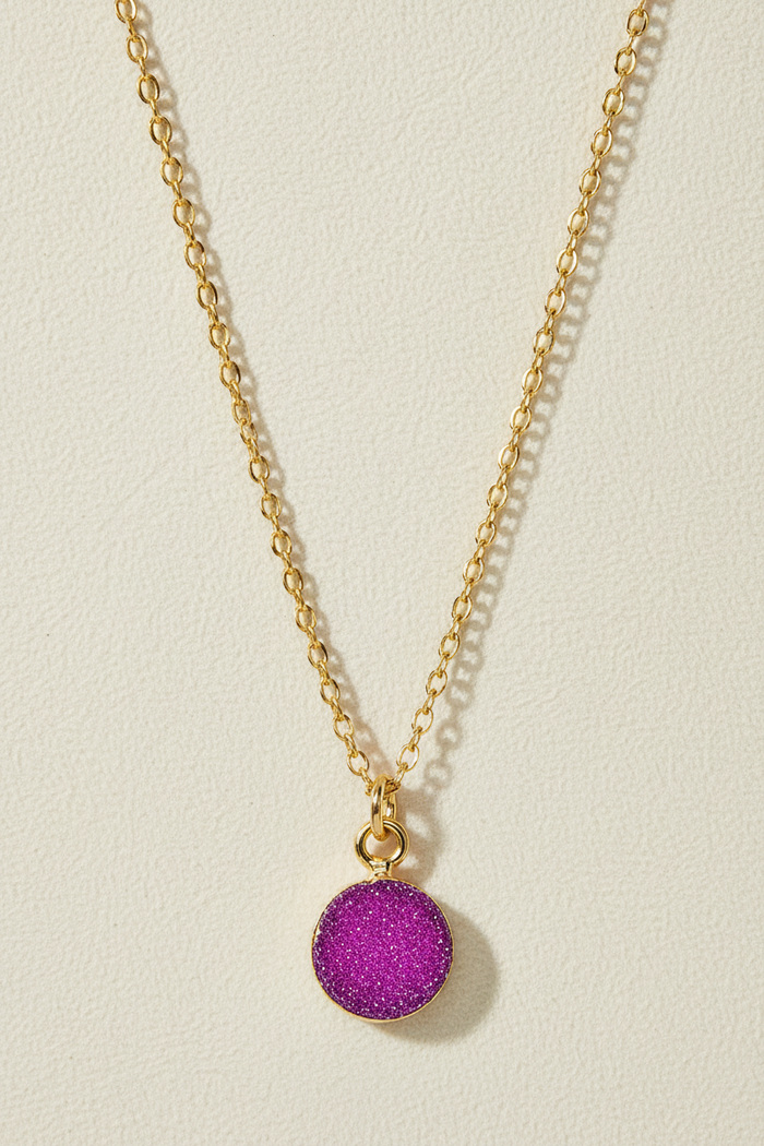 Gold chain druzy pendant necklace with round purple druzy stone
