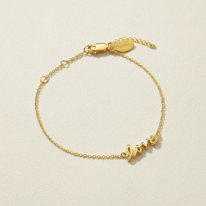 Gold vermeil script love bracelet with adjustable clasp and love charm tag