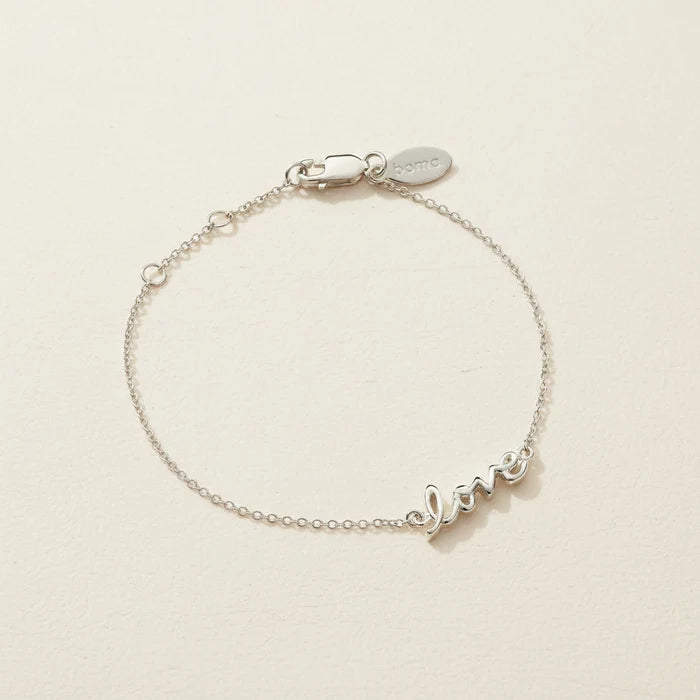 Sterling silver script love bracelet with adjustable clasp and small love charm