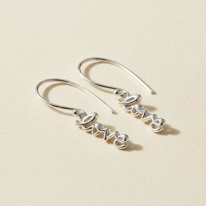 Silver script dangle earrings with hoop hooks and love charm
