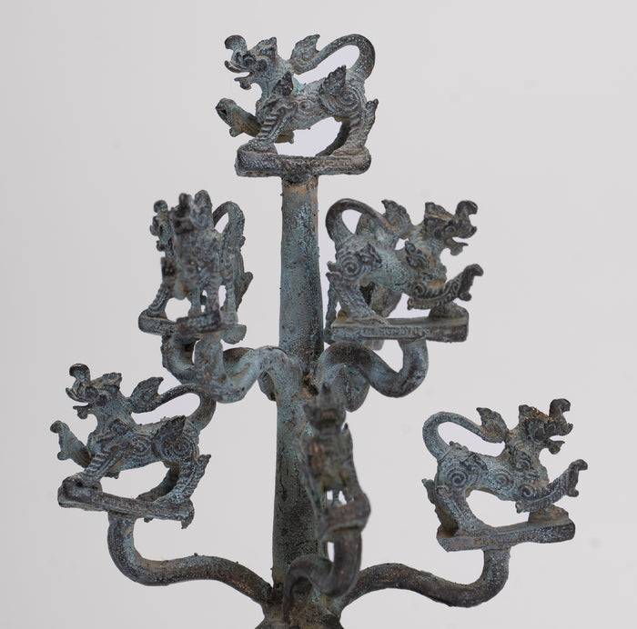Singha Sculpture - Antique Thai Style Bronze Bodhi Tree of Thai Singha or Temple Lions/Guardians Statues - 11cm/4"