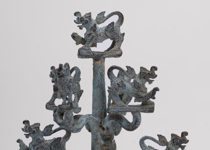 Singha Sculpture - Antique Thai Style Bronze Bodhi Tree of Thai Singha or Temple Lions/Guardians Statues - 11cm/4"