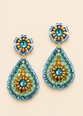 Small beaded teardrop post earrings with blue, gold, and turquoise beadwork and dangling drops