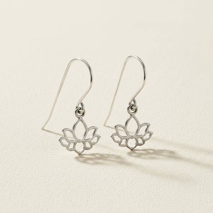 Silver lotus flower dangle earrings, dangling petal charm with hoop hook
