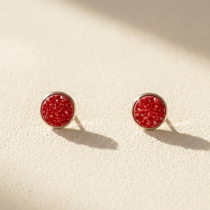 Round druzy stud earrings with red stone, silver-tone bezel, post-back closure