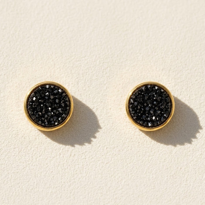 Round druzy stud earrings with black stone, gold-tone bezel, post-back closure