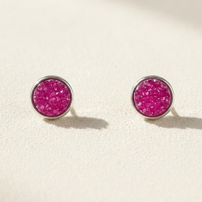 Round druzy stud earrings with bright pink stone, silver-tone bezel, post-back closure