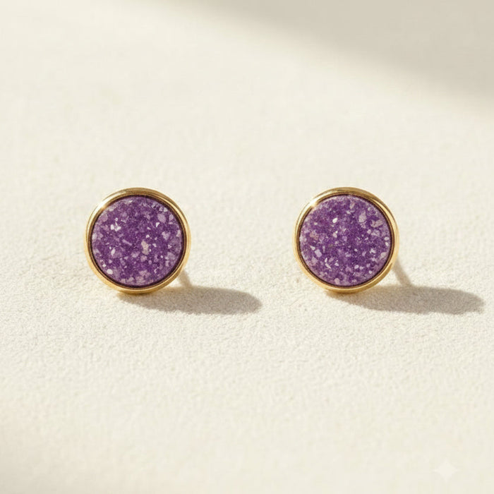 Round druzy stud earrings with purple stone, gold-tone bezel, post-back closure