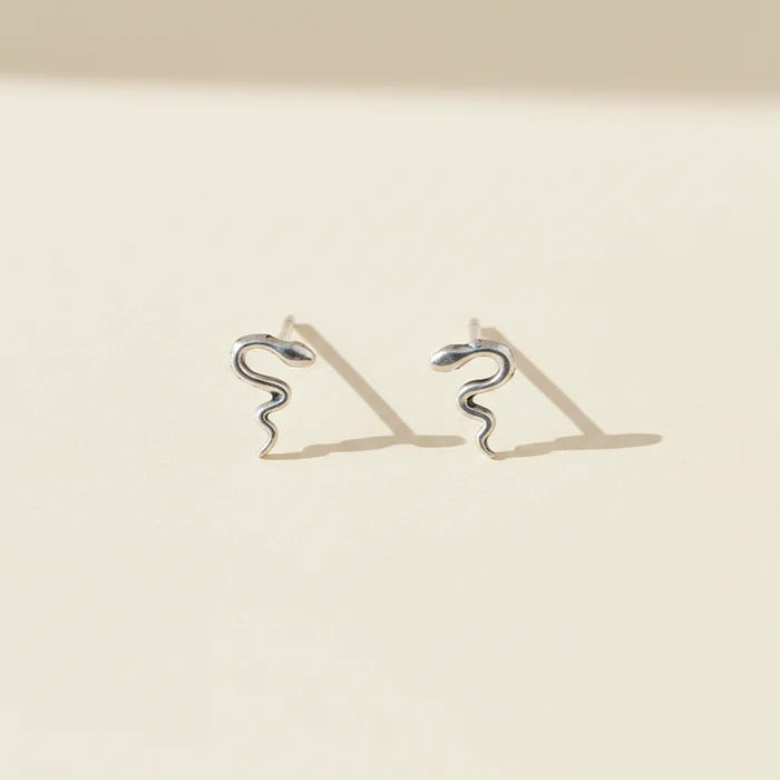 Pair of silver snake-shaped earrings on a beige background