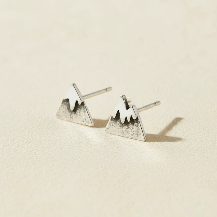 Mountain stud earrings with snow-capped peaks, silver-tone metal.