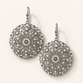 Silver drop earrings with ornate filigree and crystal-like stones