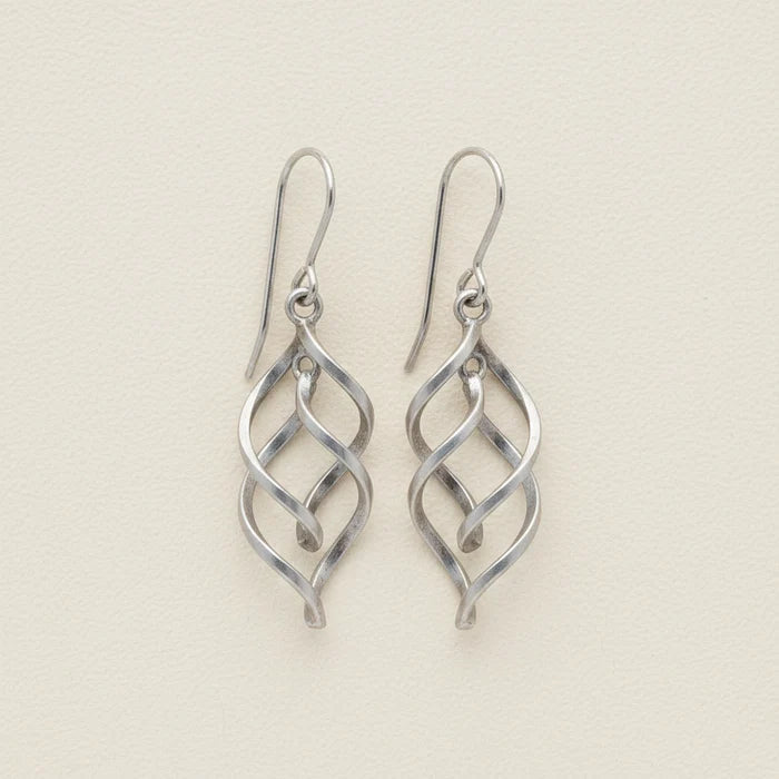 Silver-tone ribbon dangle earrings with open spiral scroll design and fishhook backs