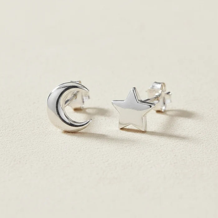 Sterling silver mismatch moon and star stud earrings, moon with crescent cutout