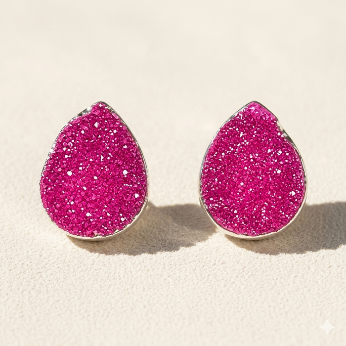 Magenta druzy teardrop stud earrings with silver-toned metal setting